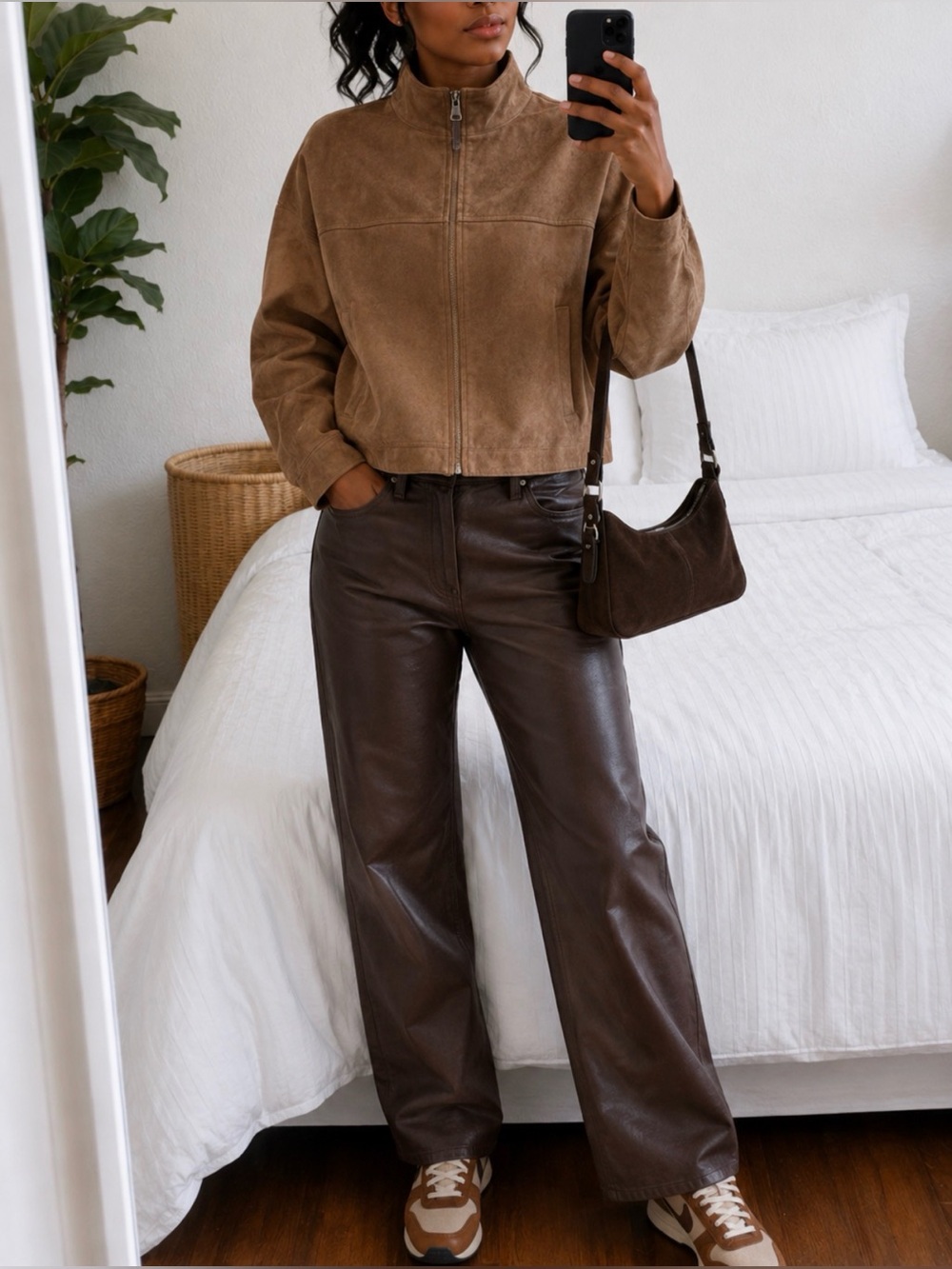 Chocolate Brown Faux Leather Straight Leg Pant Y2K 90s Minimalist Model Off Duty